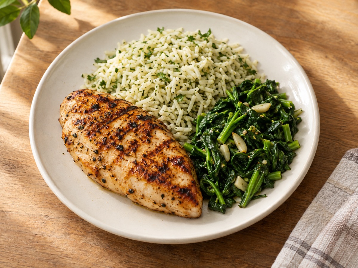 AI-generated meal illustration: Grilled chicken, herbed rice & greens