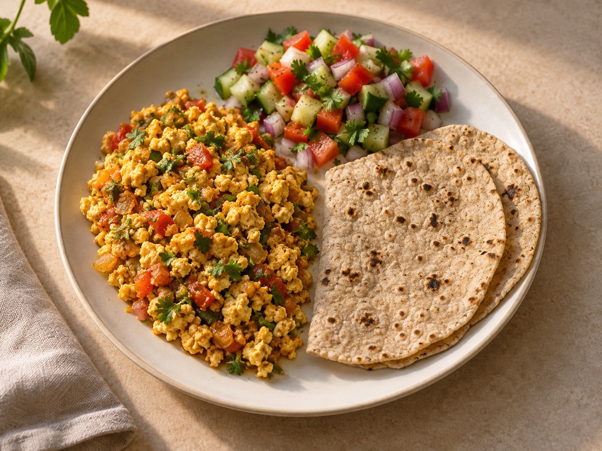 AI-generated meal illustration: Paneer bhurji, jowar roti & salad