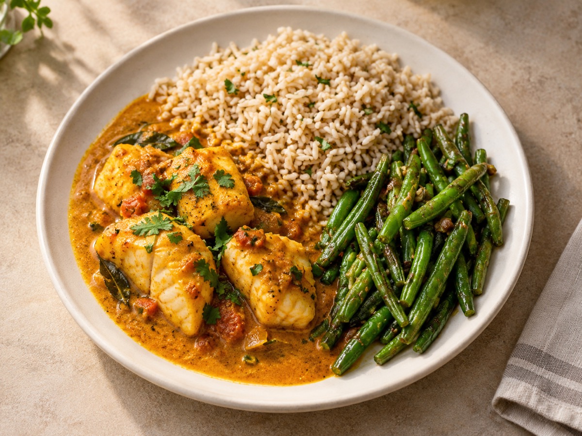 AI-generated meal illustration: Fish curry, brown rice & beans