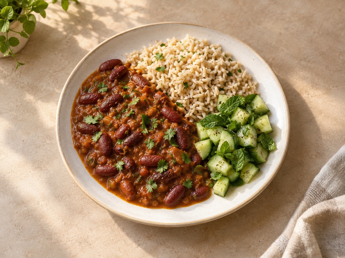 AI-generated meal illustration: Rajma, brown rice & cucumber salad