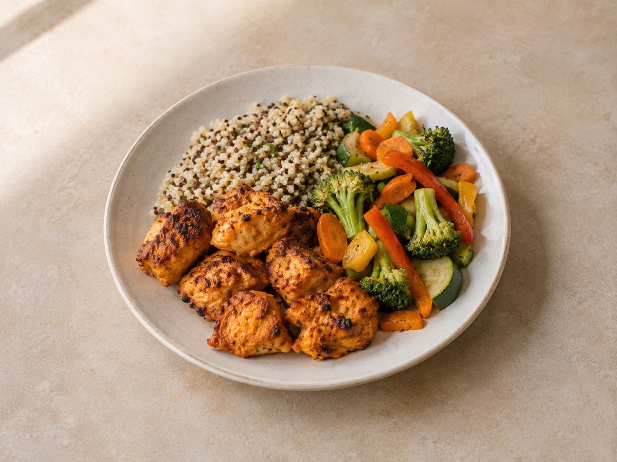 AI-generated meal illustration: Chicken tikka, quinoa & sautéed veg