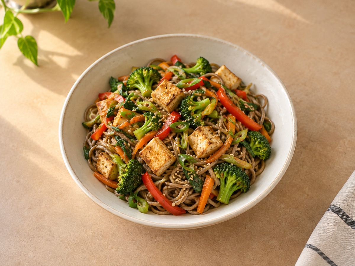 AI-generated meal illustration: Tofu stir-fry & soba noodles