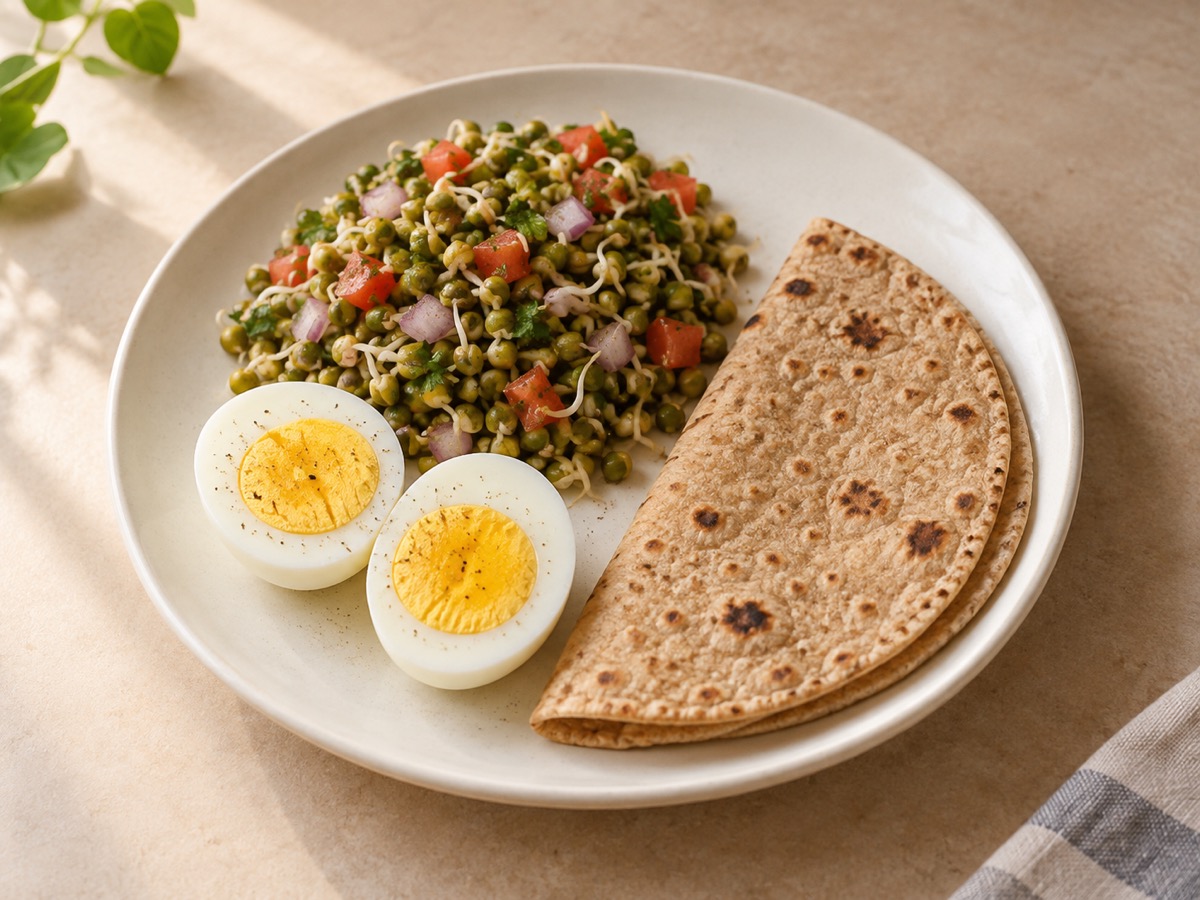 AI-generated meal illustration: Boiled egg, moong salad & roti