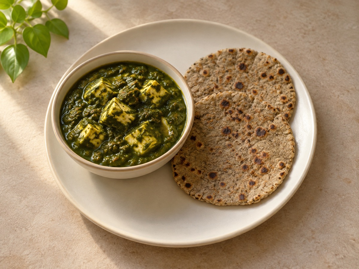 AI-generated meal illustration: Palak paneer & bajra roti