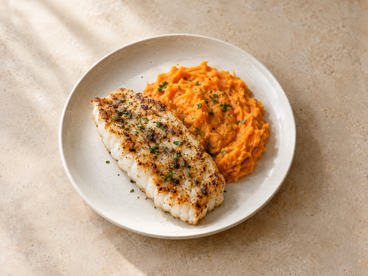 AI-generated meal illustration: Grilled fish & sweet potato mash