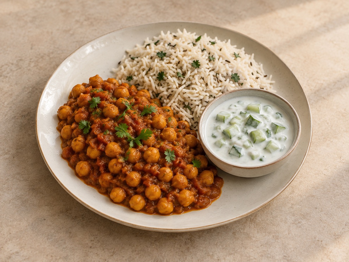 AI-generated meal illustration: Chana masala, jeera rice & raita