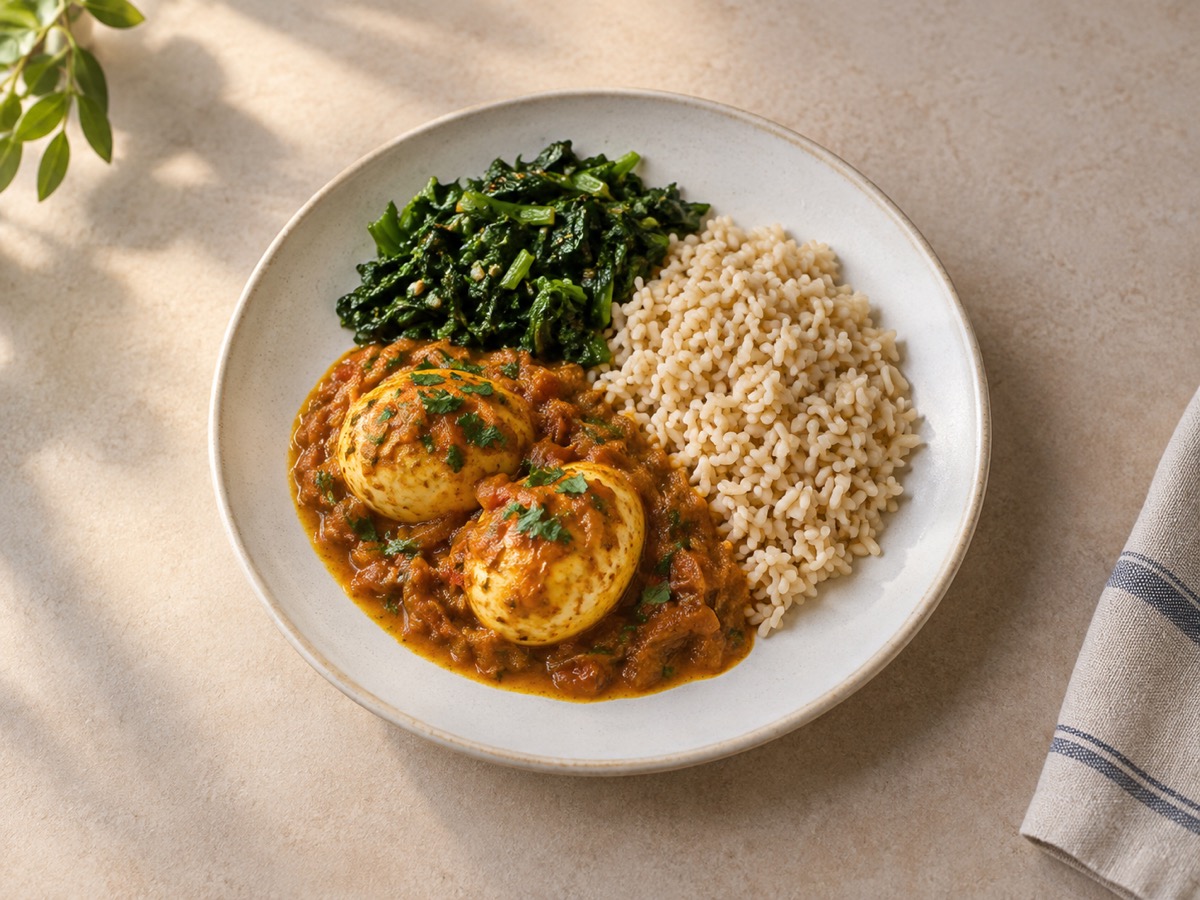 AI-generated meal illustration: Egg curry, brown rice & greens