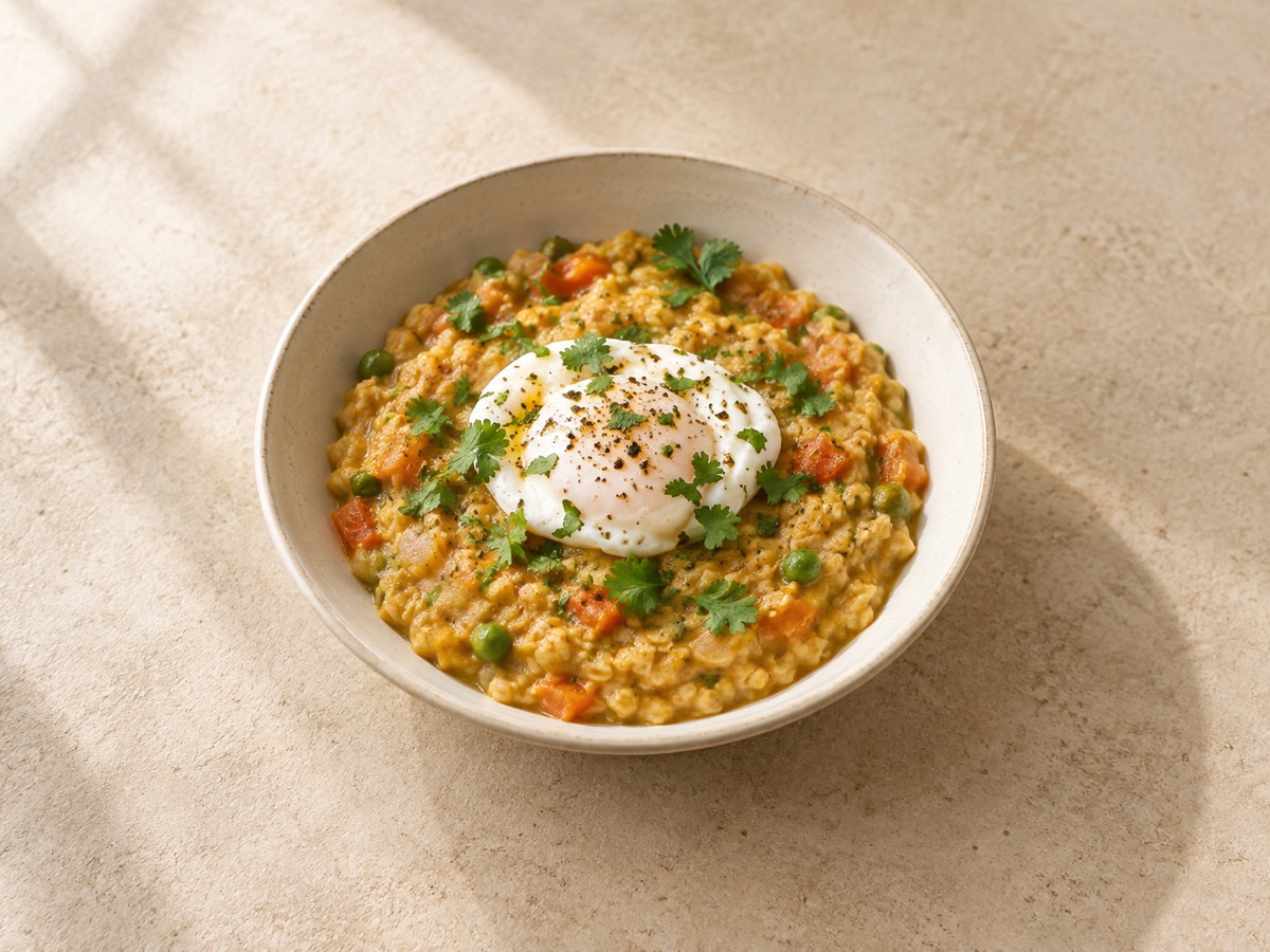 AI-generated meal illustration: Masala oats & poached egg