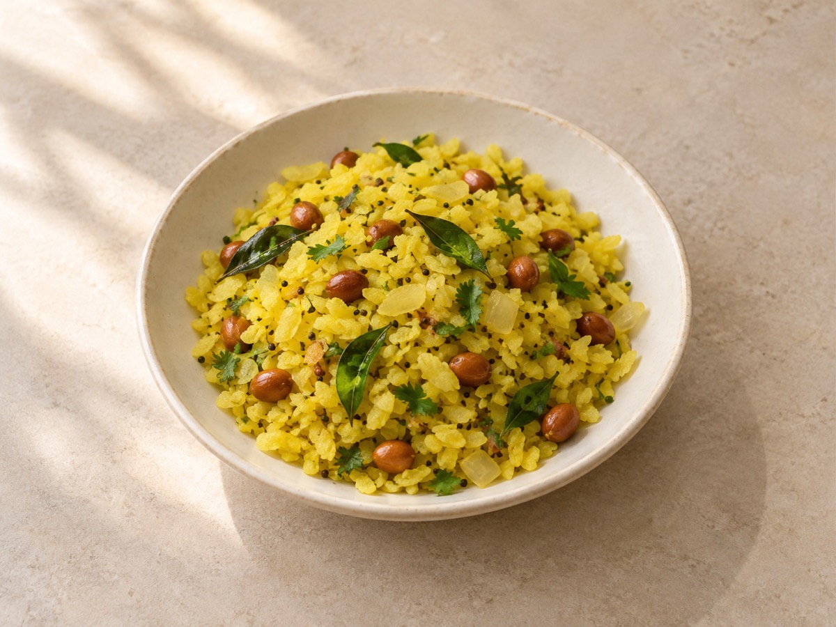AI-generated meal illustration: Poha with peanuts & curry leaf