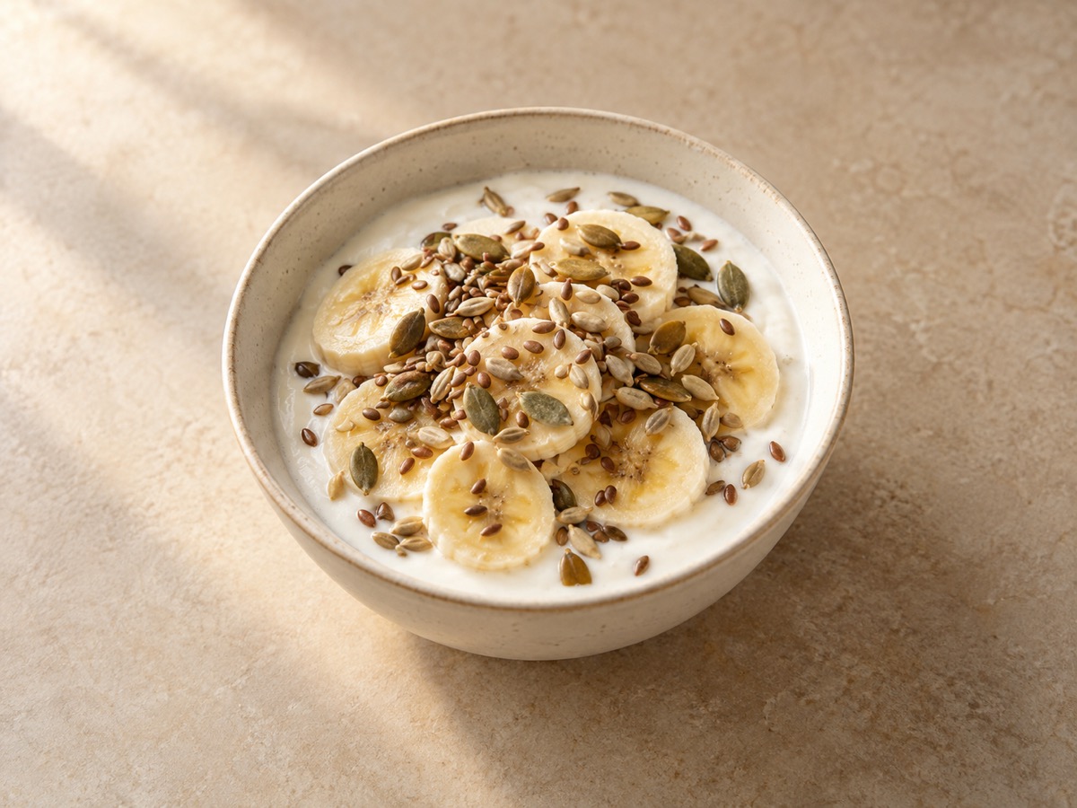 AI-generated meal illustration: Greek yoghurt, banana & toasted seeds