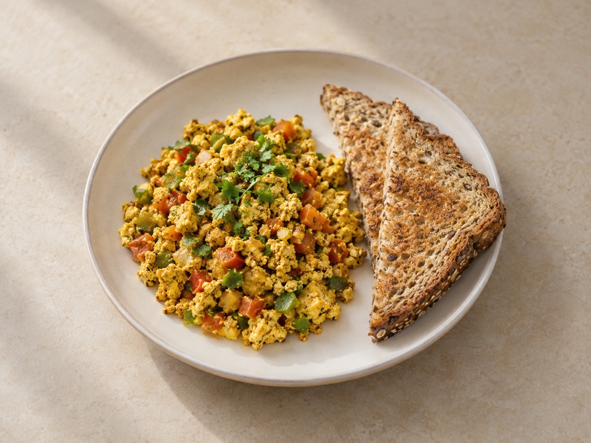 AI-generated meal illustration: Tofu bhurji & multigrain toast