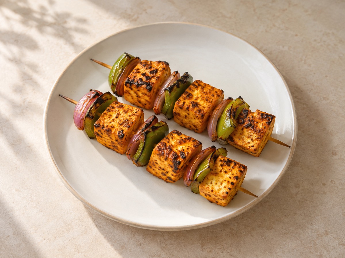 AI-generated meal illustration: Paneer tikka skewers